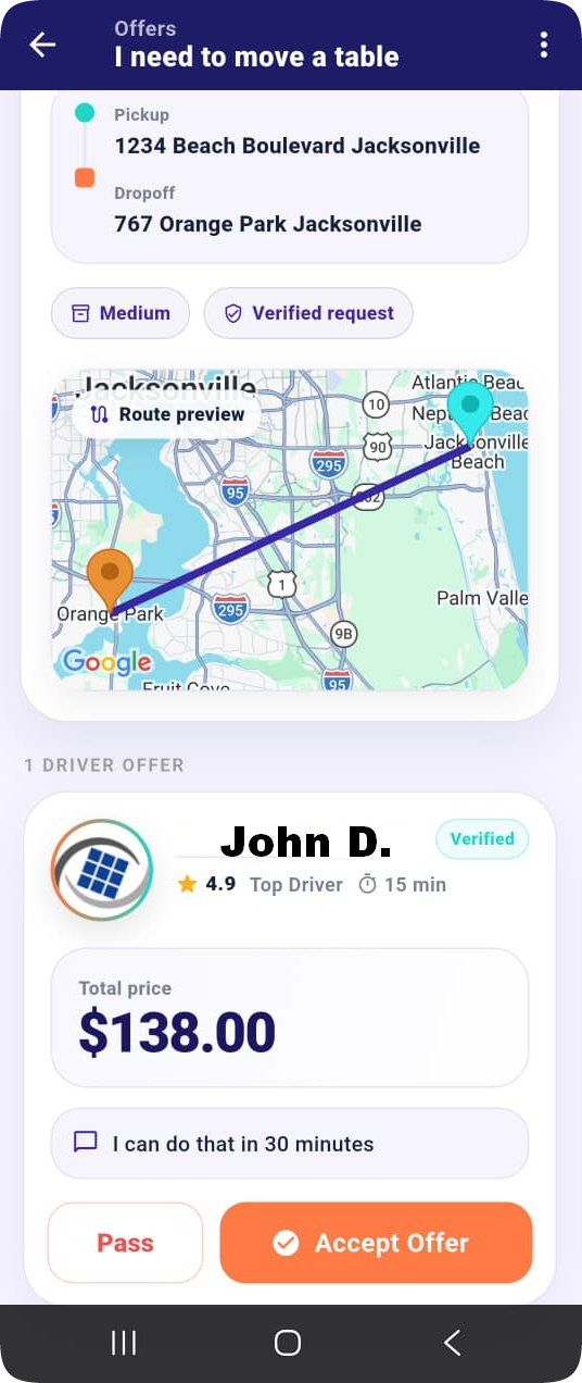 Drivers' offers arriving on a posted job